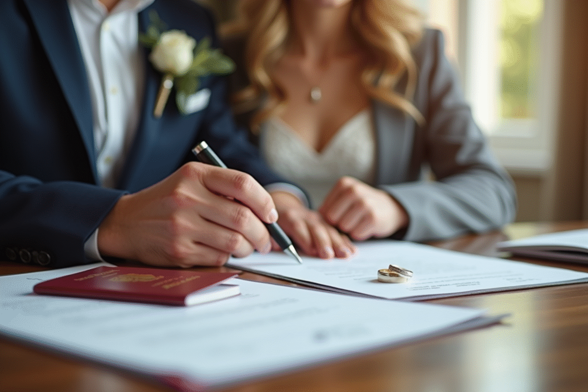 Jeune couple signant documents de mariage à l'ambassade