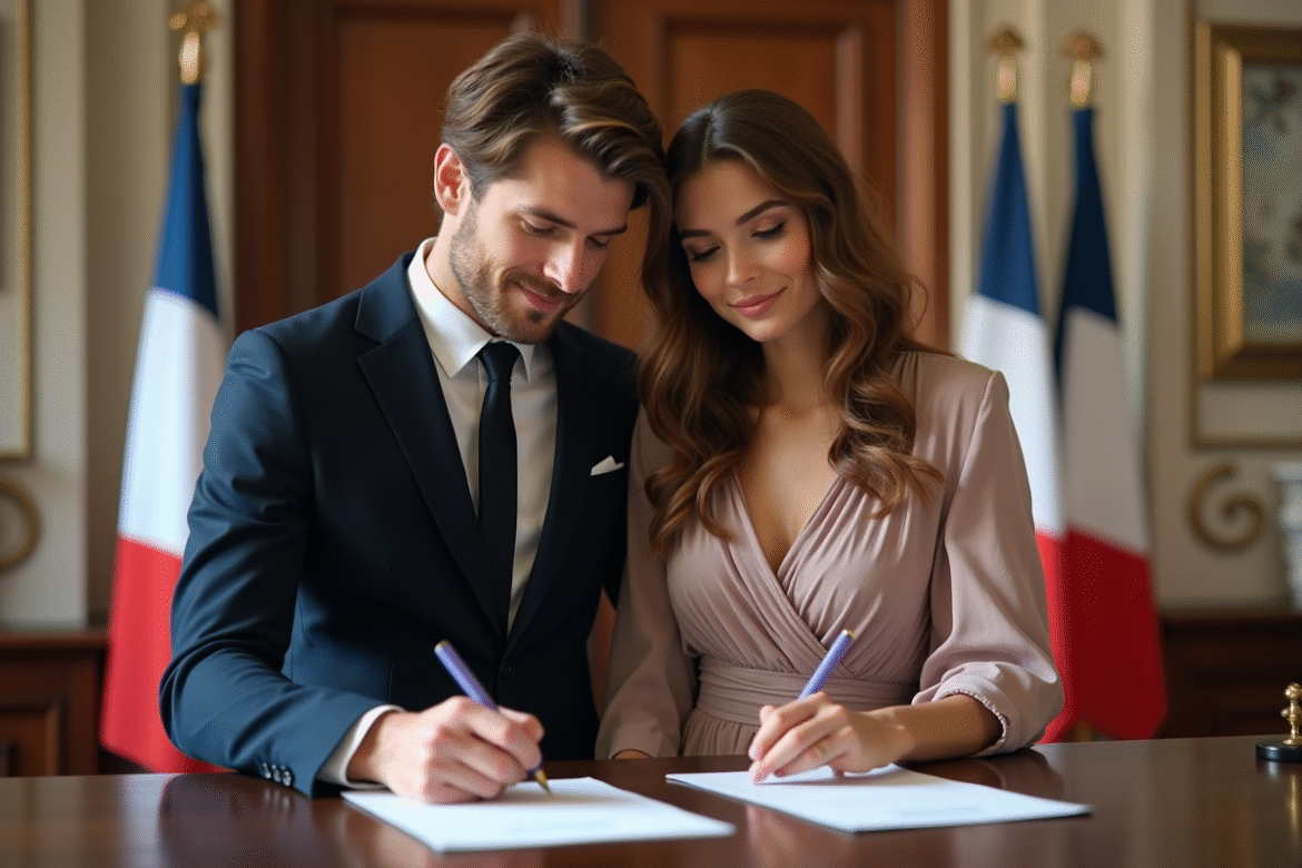 Jeune couple signant un document officiel à la mairie