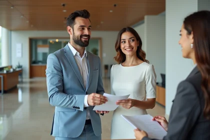 Jeune couple souriant lors de la signature à la mairie
