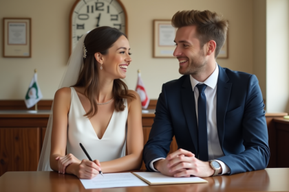 Jeune couple signant mariage dans mairie joyeux