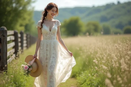 Jeune femme souriante en robe de mariage champêtre