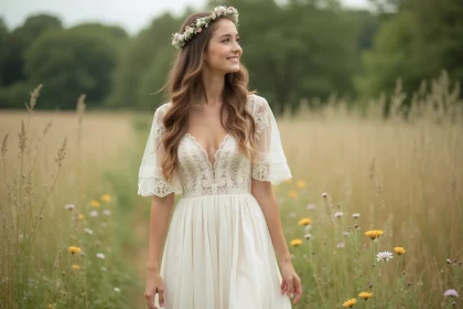 Jeune femme en robe bohème dans un champ de fleurs