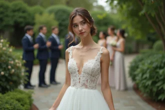Jeune femme en robe de mariée dans un jardin élégant