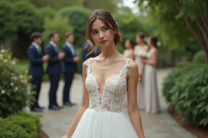 Jeune femme en robe de mariée dans un jardin élégant