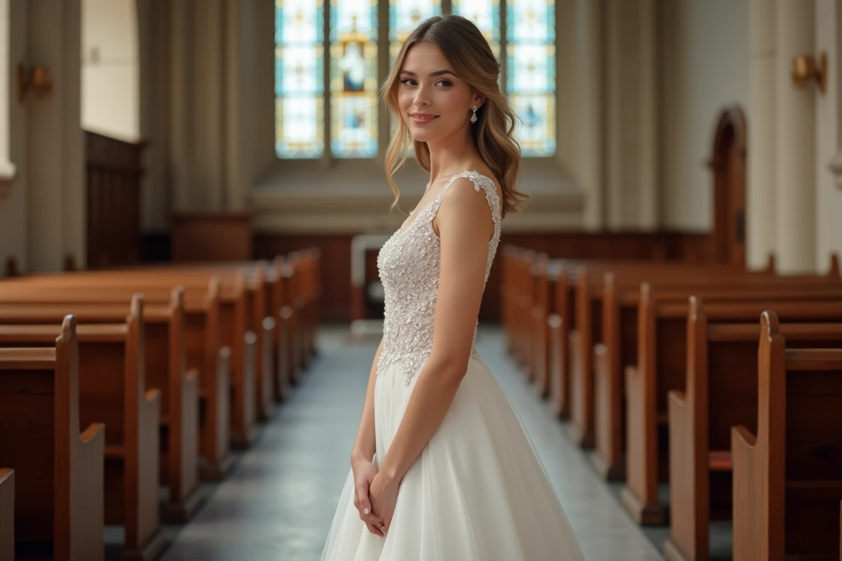 Jeune femme en robe de mariée scintillante dans une église