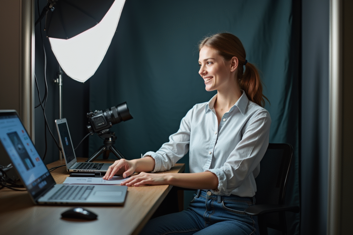 Jeune femme souriante ajustant un photobooth moderne en studio