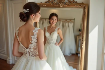 Jeune femme souriante essayant une robe de mariée en dentelle à Bordeaux