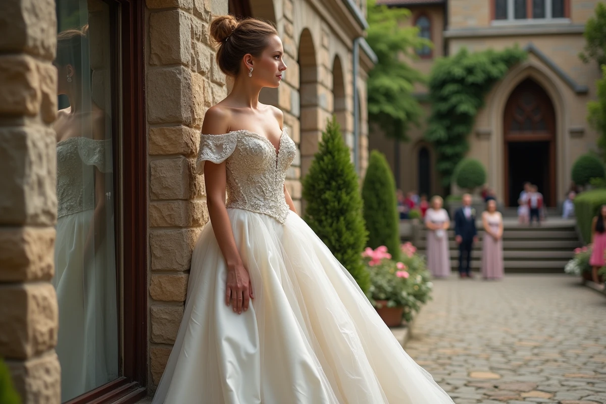 Jeune femme en robe ornee devant une eglise