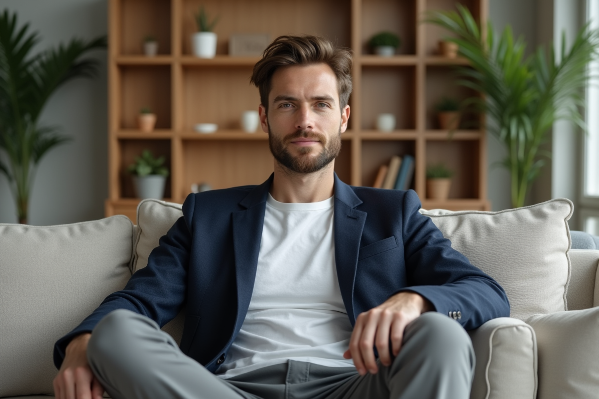 Jeune homme en blazer dans un salon moderne et cosy