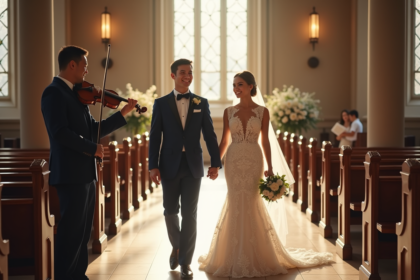 Jeune couple de mariés devant l'église ensoleillée