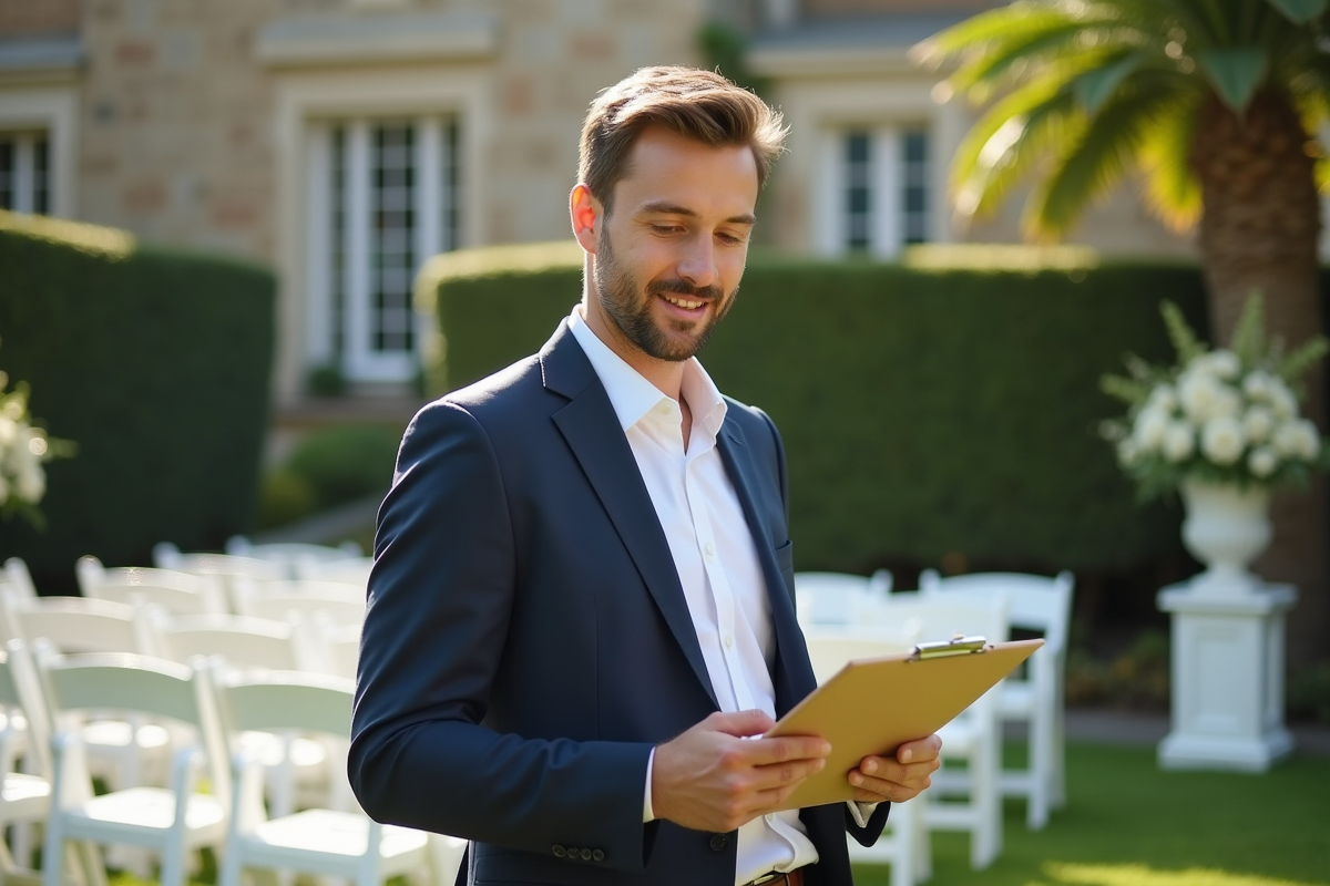 Jeune organisateur de mariage discutant en extérieur