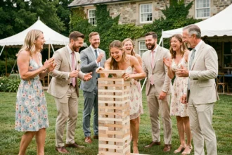 Groupe d'invités de mariage jouant au Jenga géant sur pelouse lors d'une réception en plein air