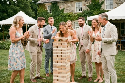 Groupe d'invités de mariage jouant au Jenga géant sur pelouse lors d'une réception en plein air