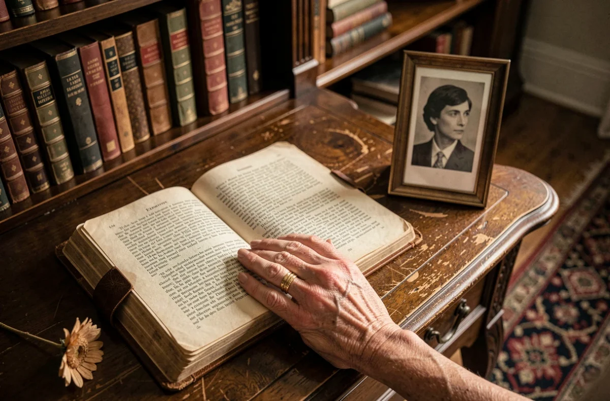 Journal vintage ouvert sur un bureau ancien avec une main portant une alliance, photographie encadrée tournée de dos, symbolisant les zones d'ombre et le secret conjugal
