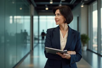 Journaliste femme en blazer marine dans un couloir de studio de télévision, portrait éditorial réaliste