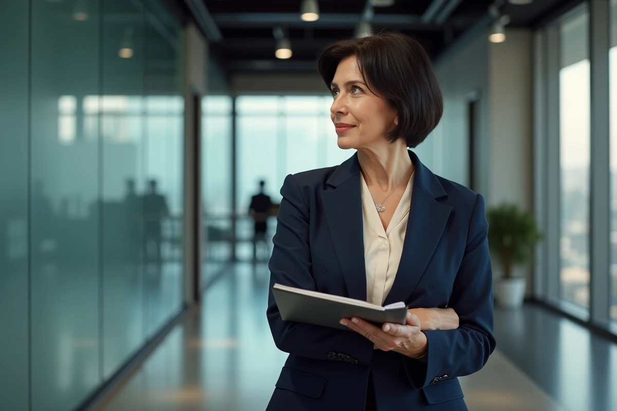 Journaliste femme en blazer marine dans un couloir de studio de télévision, portrait éditorial réaliste