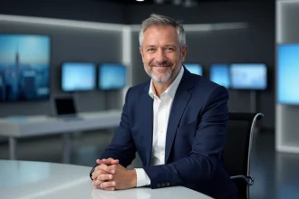 Journaliste médiatisé assis au bureau d'un plateau de télévision avec une expression professionnelle et discrète