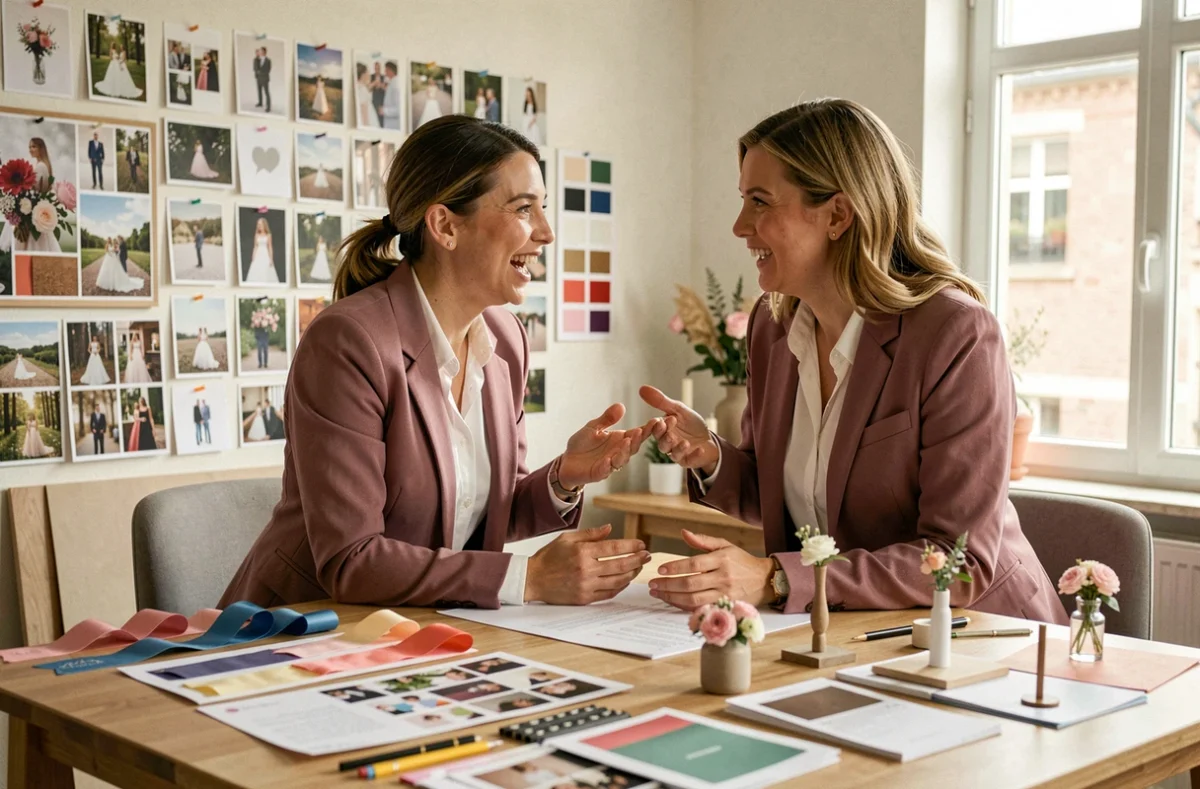 Deux wedding planners collaborant autour d'une table de création près de Clermont-Ferrand, entourées de moodboards et d'échantillons pour des mariages