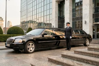 Limousine noire de luxe avec chauffeur en uniforme devant un siège social d'entreprise haut de gamme