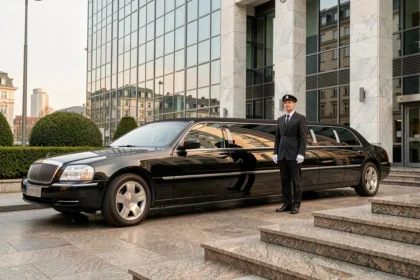 Limousine noire de luxe avec chauffeur en uniforme devant un siège social d'entreprise haut de gamme