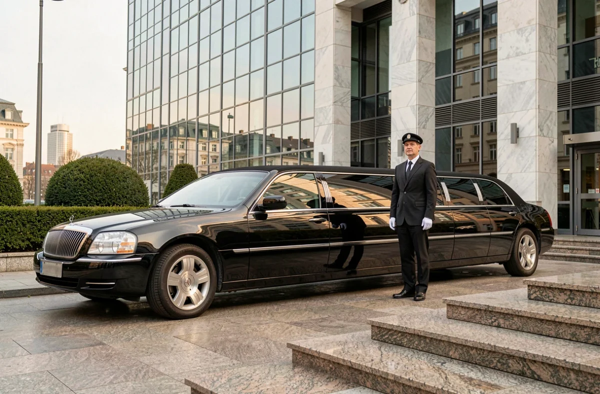Limousine noire de luxe avec chauffeur en uniforme devant un siège social d'entreprise haut de gamme