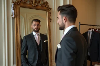 Homme en costume trois pièces charbon dans une boutique de location de costumes de mariage à Paris, se regardant dans un miroir doré
