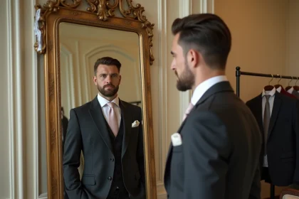 Homme en costume trois pièces charbon dans une boutique de location de costumes de mariage à Paris, se regardant dans un miroir doré