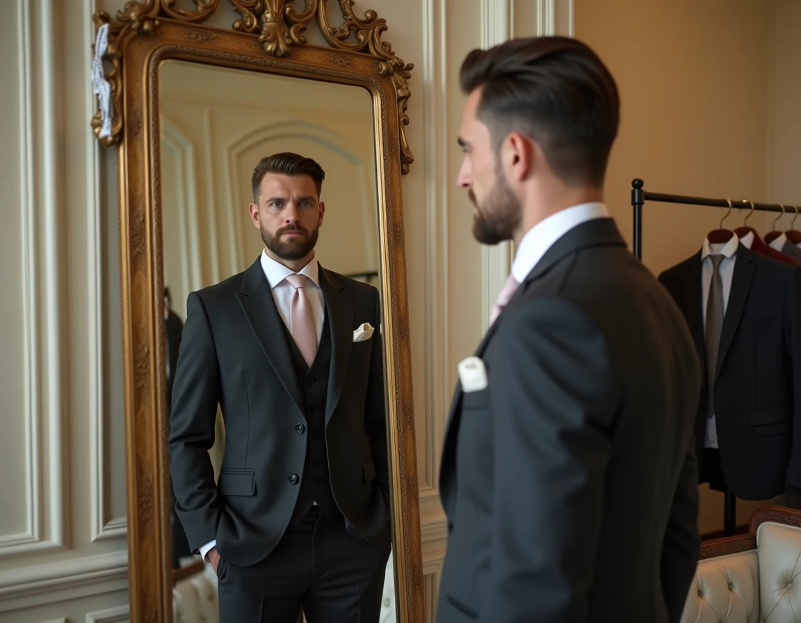 Homme en costume trois pièces charbon dans une boutique de location de costumes de mariage à Paris, se regardant dans un miroir doré