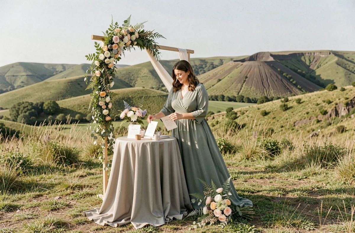Wedding planner préparant une cérémonie laïque en plein air en Auvergne, avec un arche florale et des éléments de décoration naturels