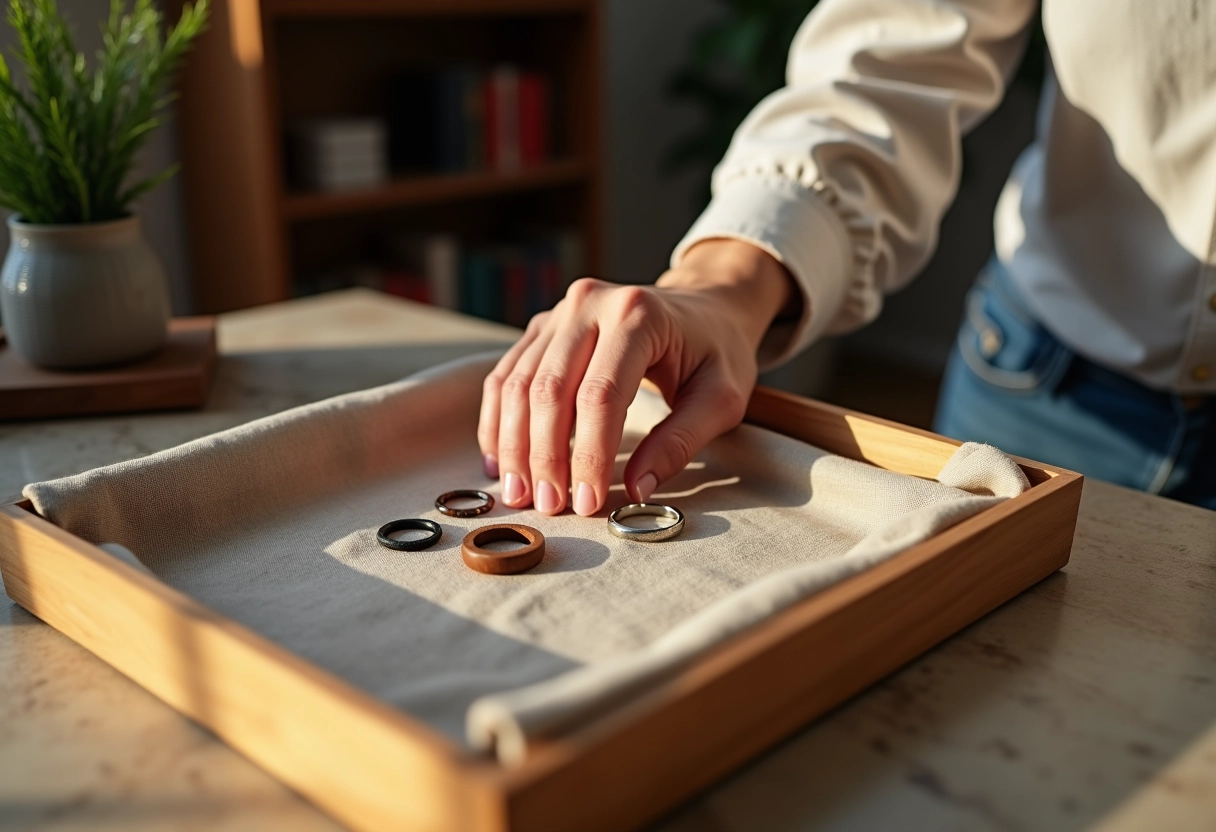 Main posant des anneaux PACS sur un plateau en lin dans un salon lumineux