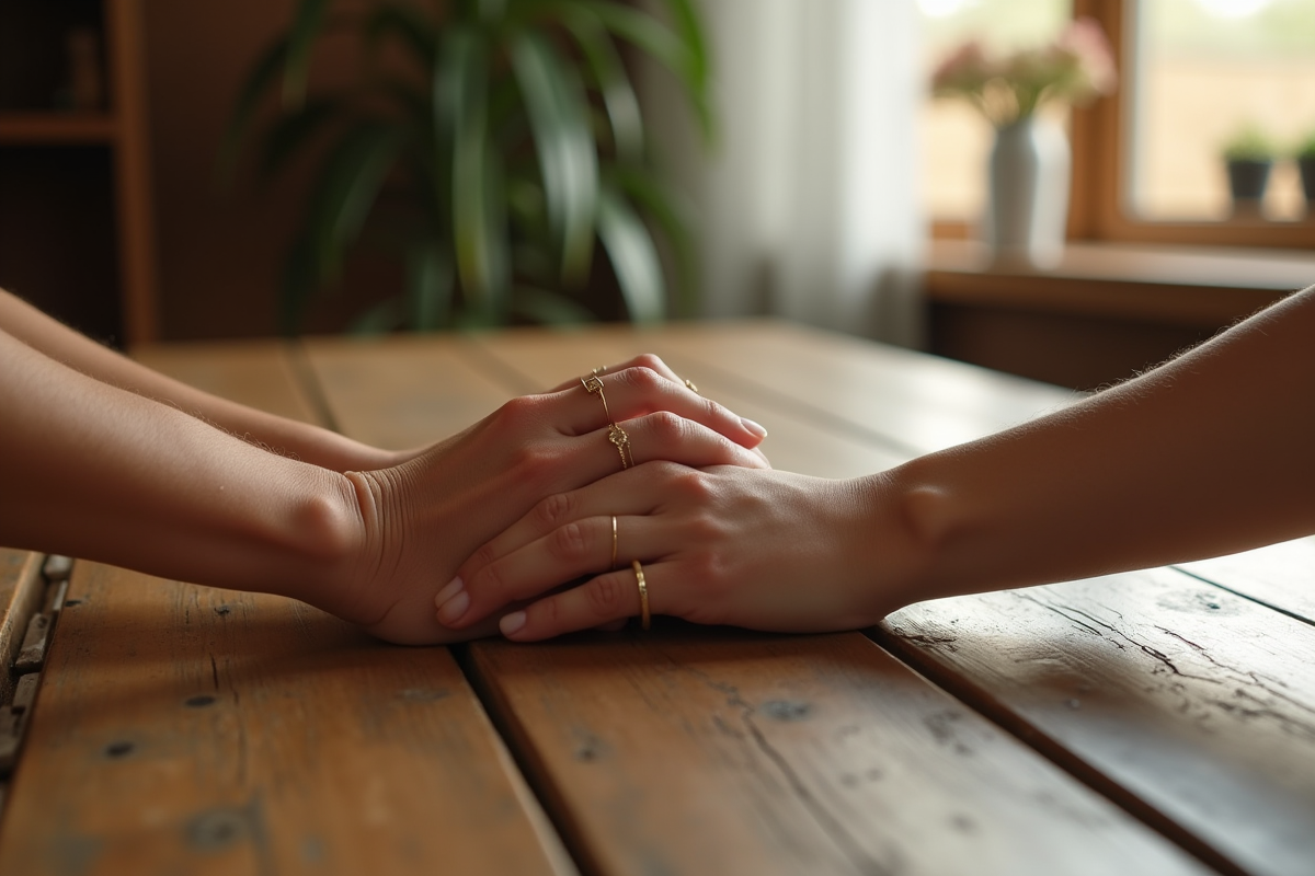 Mains entrelacees avec anneaux de mariage sur table en bois