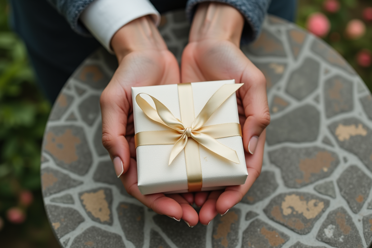 Mains tenant un coffret cadeau monogramme en extérieur