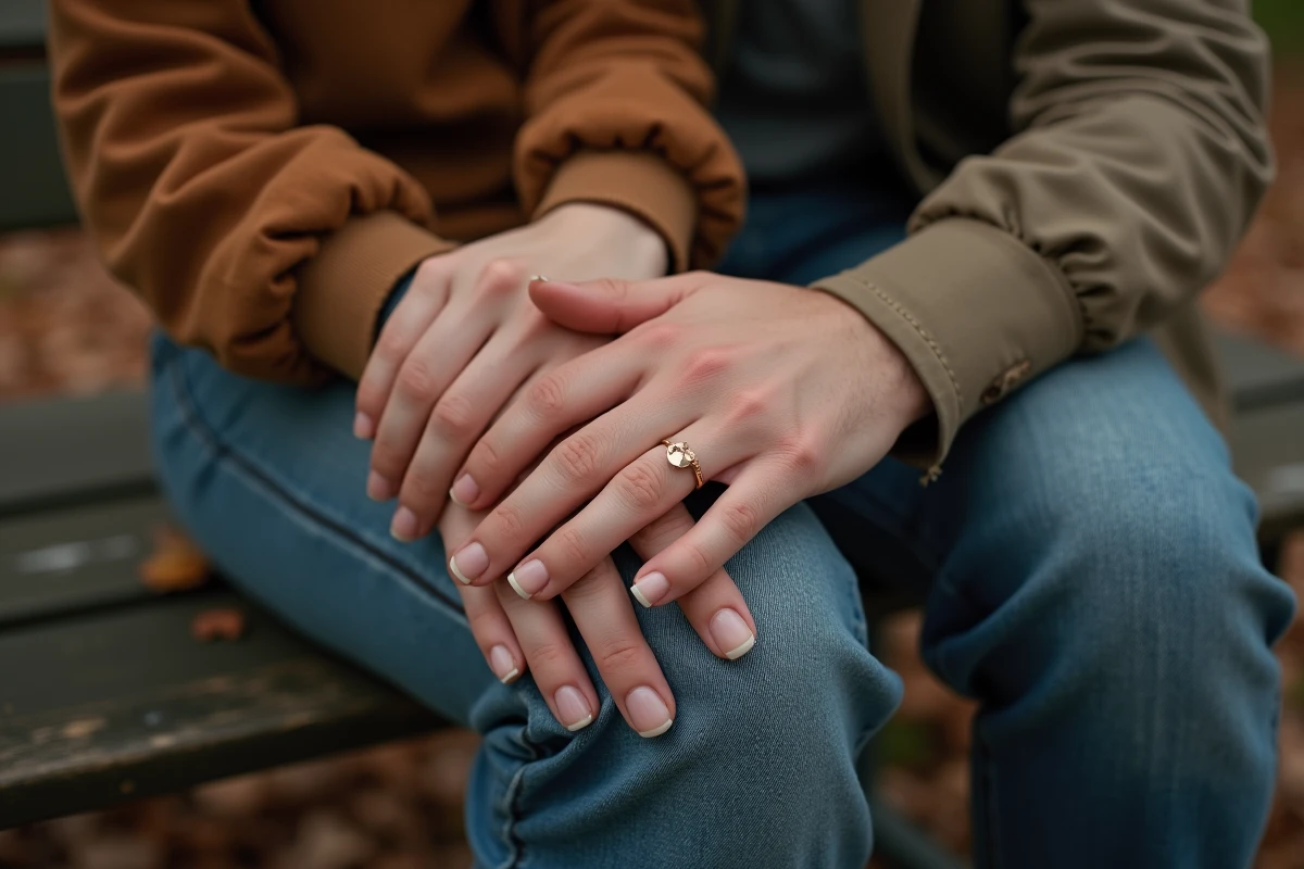 Deux mains enlacées avec une bague en or rose sur l'index, symbole de la signification affective et relationnelle d'une bague offerte en cadeau
