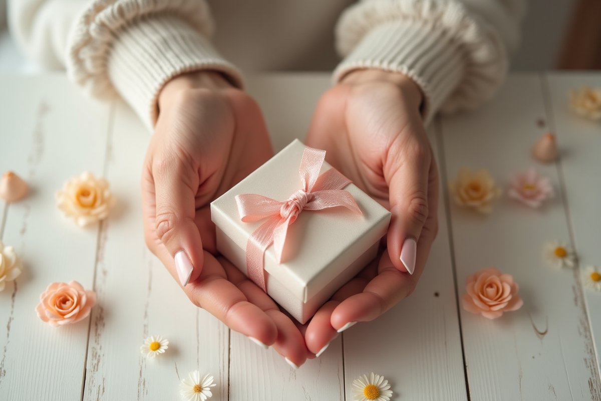 Mains entrelacees avec alliance tenant un petit cadeau