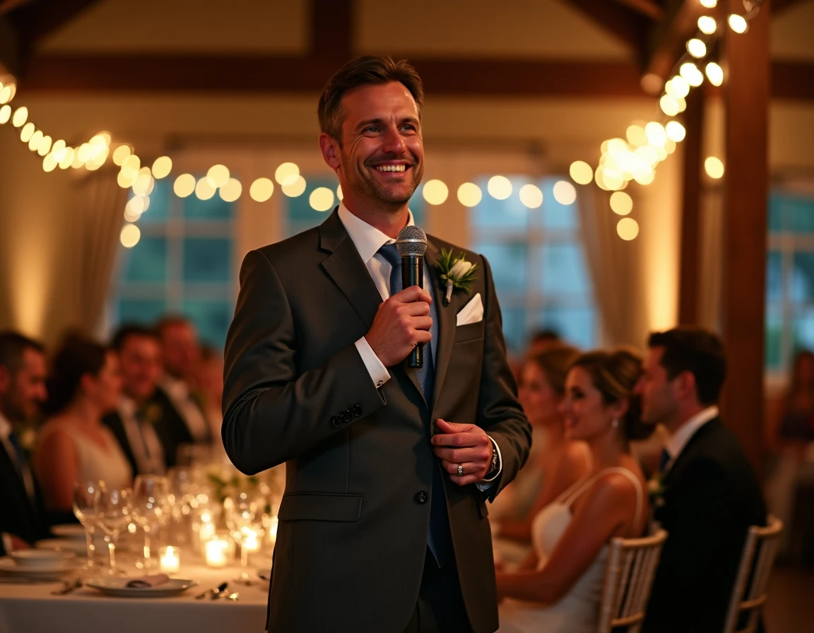 Maître de cérémonie au microphone animant les jeux et transitions du programme de mariage lors d'un dîner de réception en salle