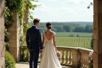 Couple de mariés devant un château en Pays de la Loire entouré de vignes et jardins soignés