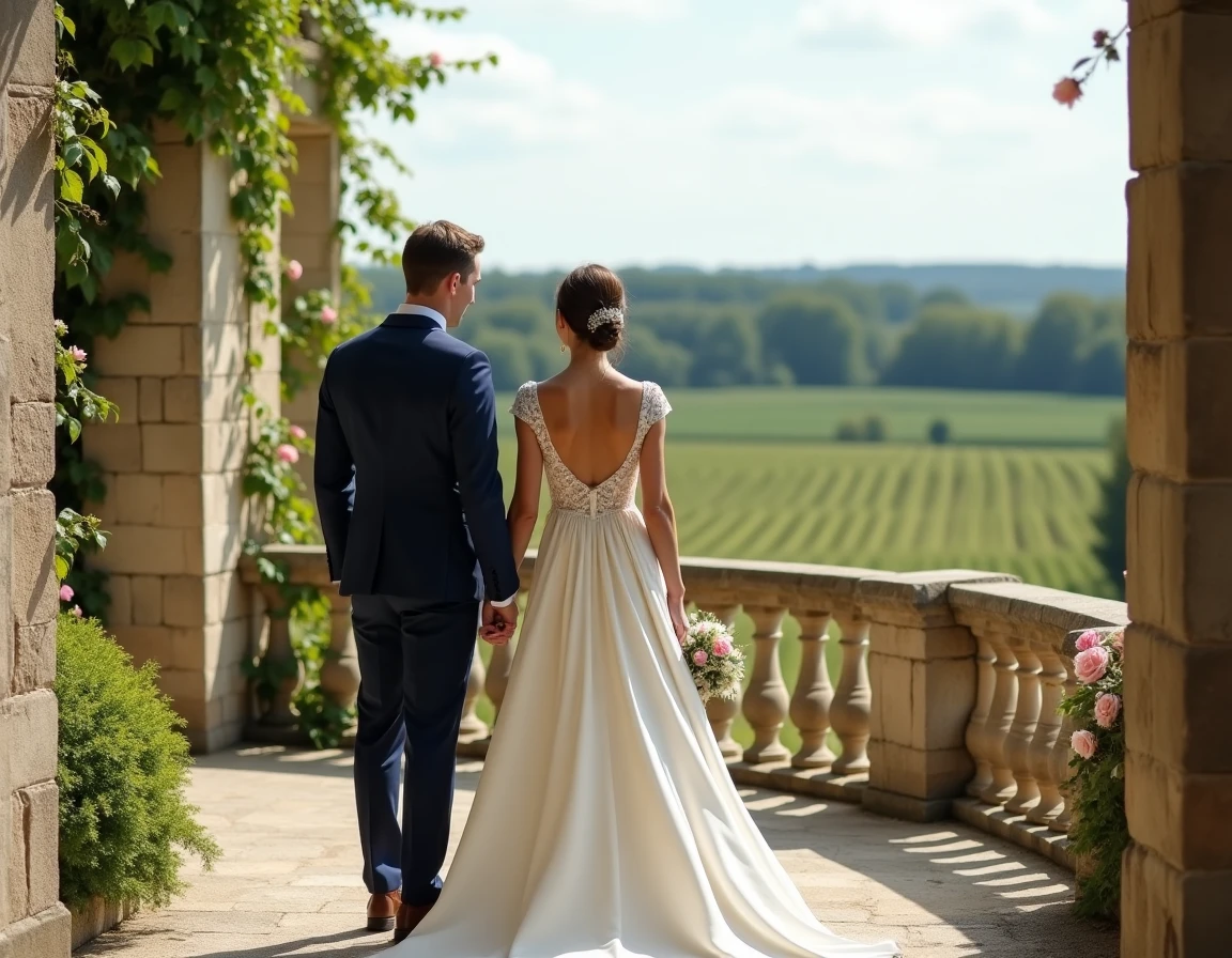 Couple de mariés devant un château en Pays de la Loire entouré de vignes et jardins soignés