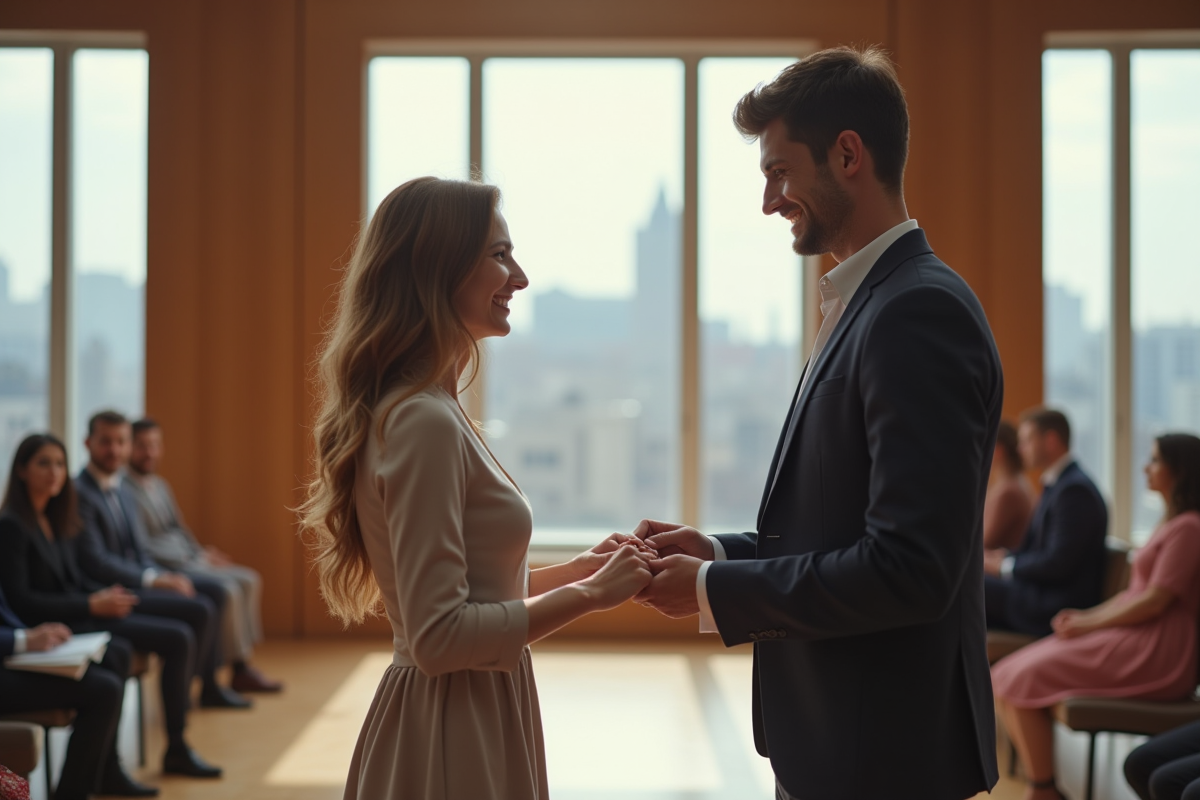 Couple échangeant des anneaux dans une mairie moderne lumineuse