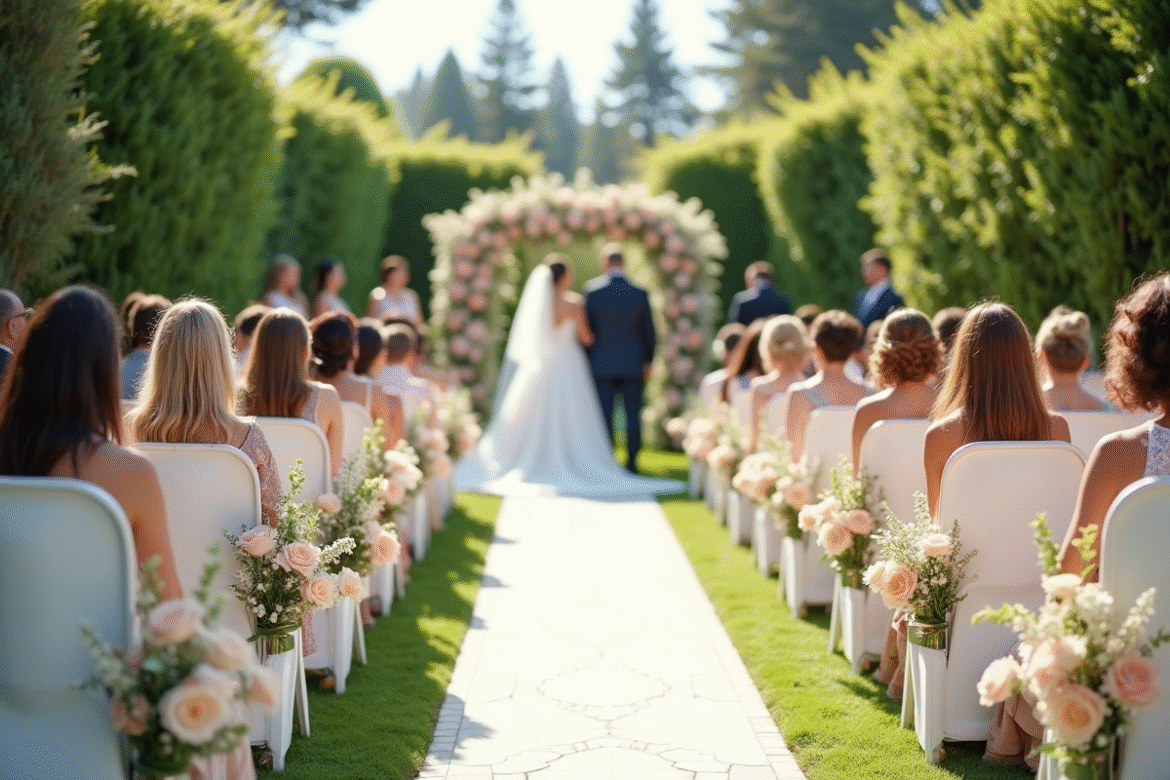 Cérémonie de mariage en plein air avec chaises blanches et décor floral