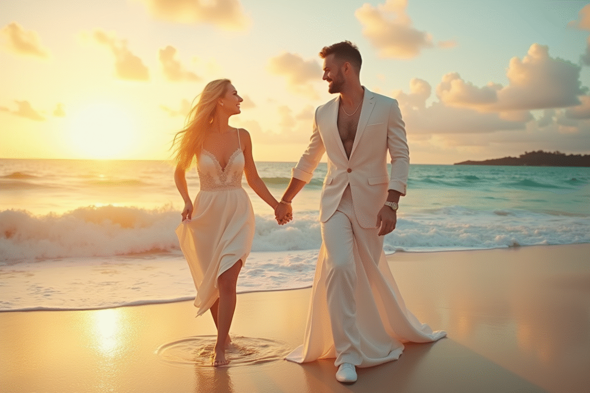 Jeune couple marié main dans la main sur une plage tropicale au coucher de soleil