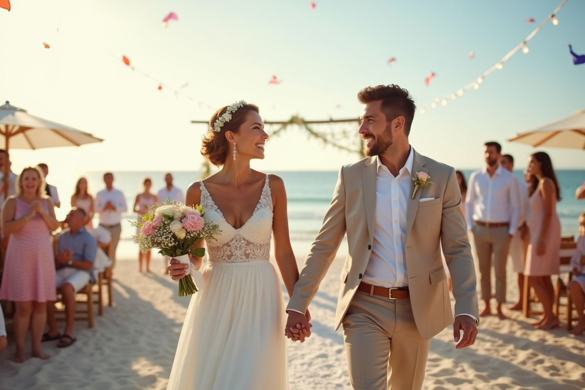 Cérémonie de mariage sur la plage avec famille et drapeau français