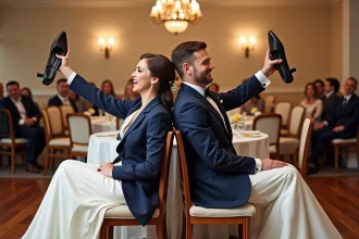 Jeune couple lors du jeu de chaussures de mariage
