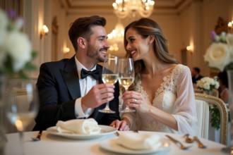 Jeune couple en tenue de mariage partageant un toast élégant