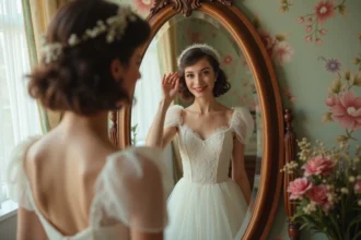 Jeune femme souriante en robe vintage ajustant son voile de mariée