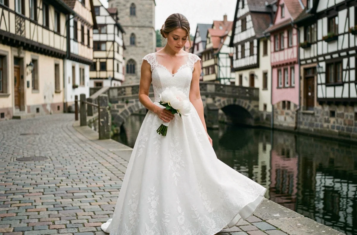 Mariée en robe de mariée en dentelle dans le quartier de la Petite France à Strasbourg, réflexion sur le choix de sa tenue