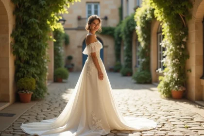 Mariée en robe ivoire brodée posant dans une cour parisienne en pierre pour un mariage tendance 2026