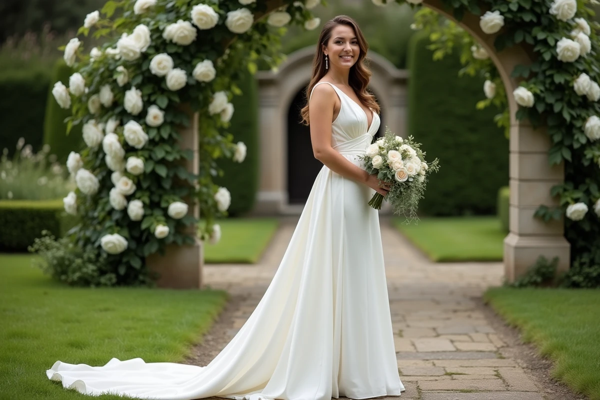 Mariée ronde en robe empire blanche dans un jardin de château avec bouquet de roses