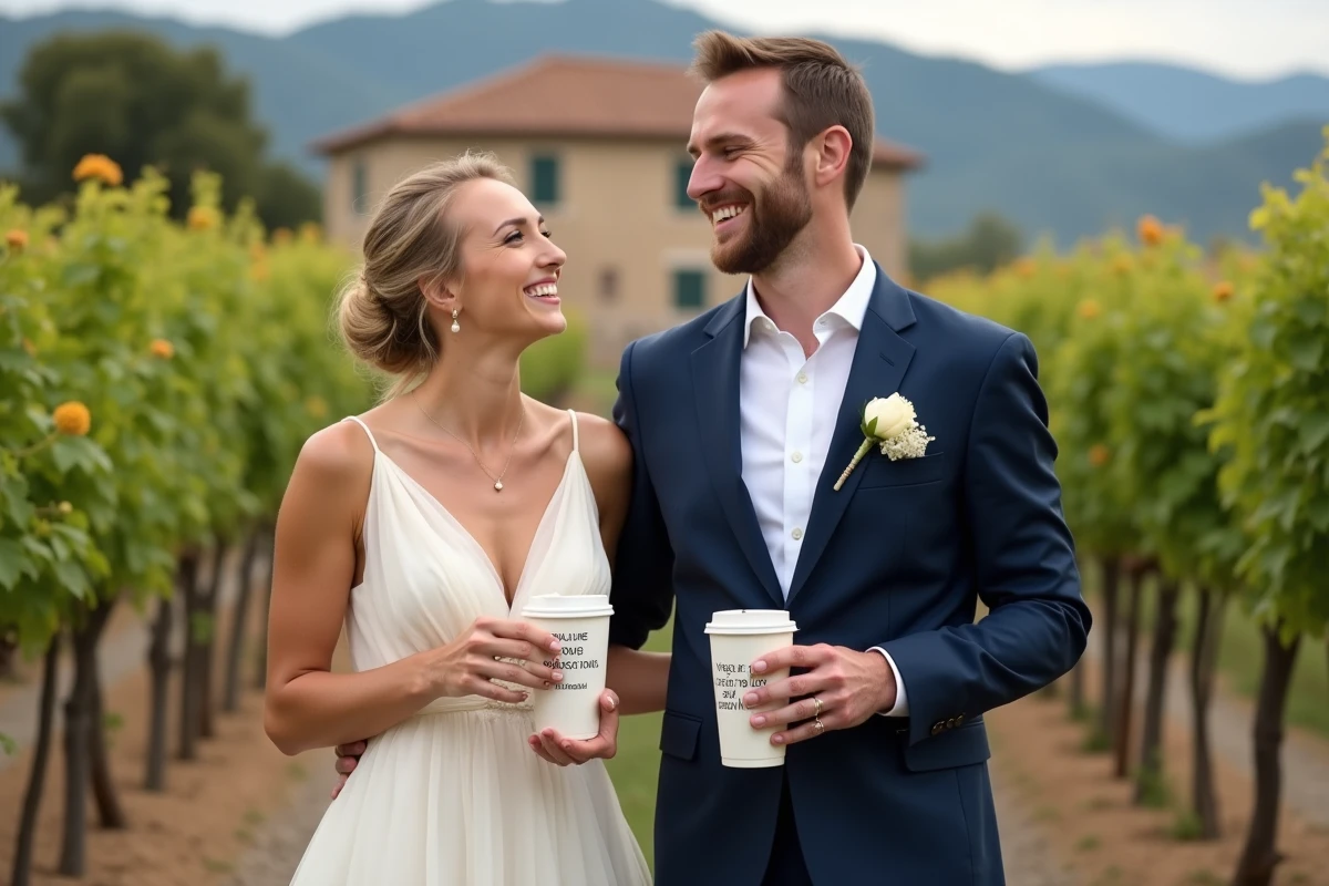 Mariés souriants tenant des eco cups personnalisés avec citation humoristique lors d'une réception de mariage dans un vignoble