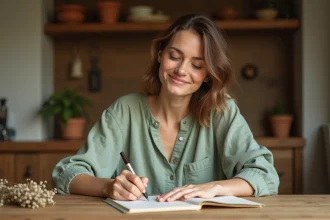 Femme écrivant un message de félicitations pour un mariage sur une carte élégante à une table en bois