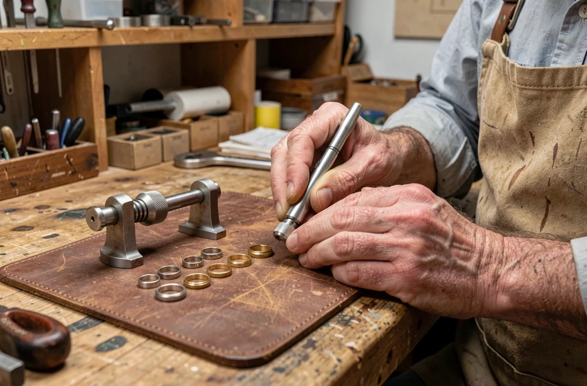 Bijoutier mesurant la taille d'une bague avec un mandrin et des outils de mesure professionnels